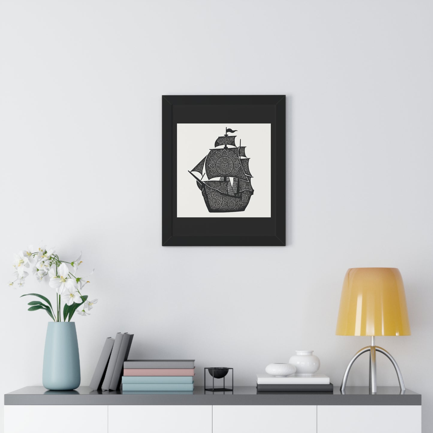 Black & White Mandala Ship Framed Vertical Poster — Nautical Zen Wall Art