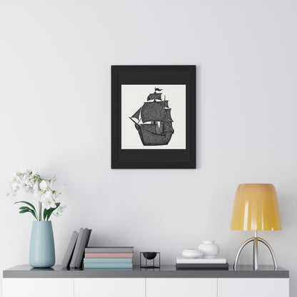 Black & White Mandala Ship Framed Vertical Poster — Nautical Zen Wall Art