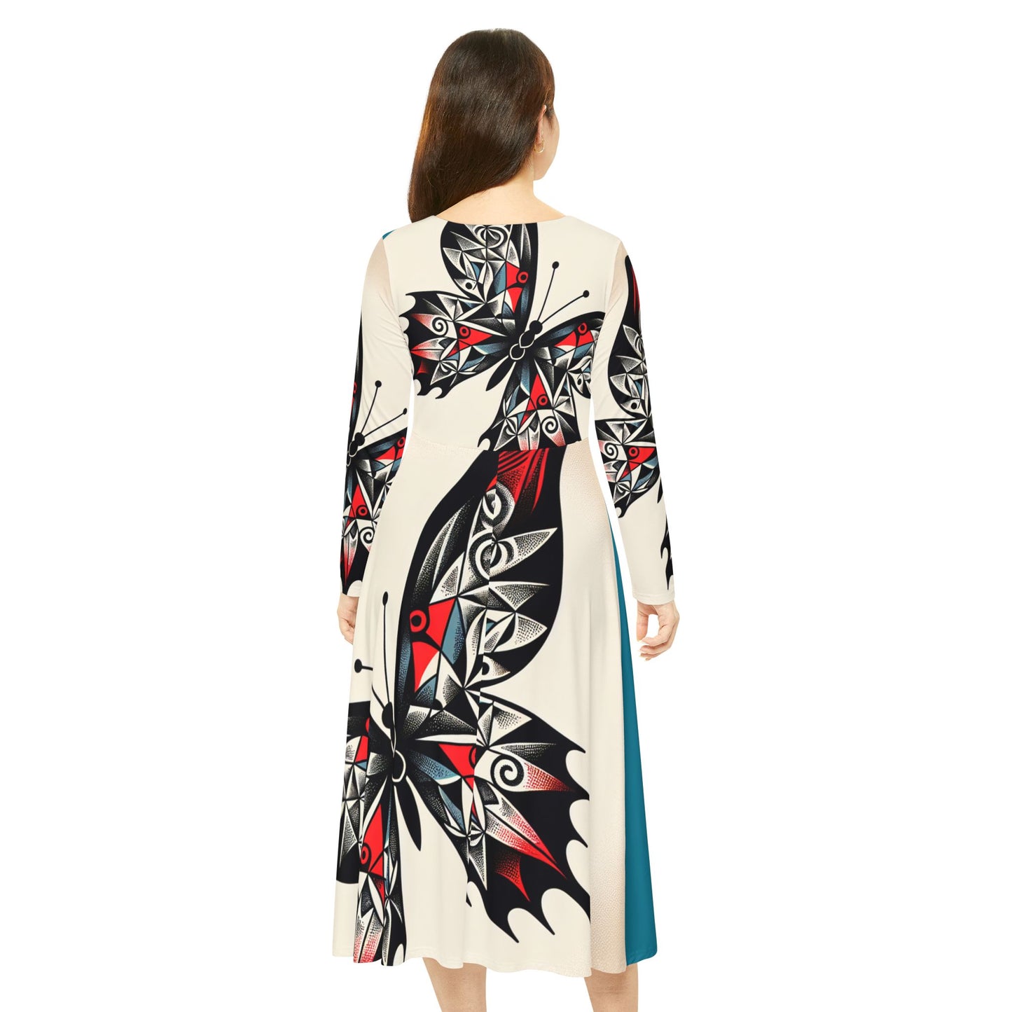 Butterfly Print Long Sleeve Dance Dress, Elegant Dancewear, Boho Style Dress, Perfect for Parties, Dance Events, and Celebrations