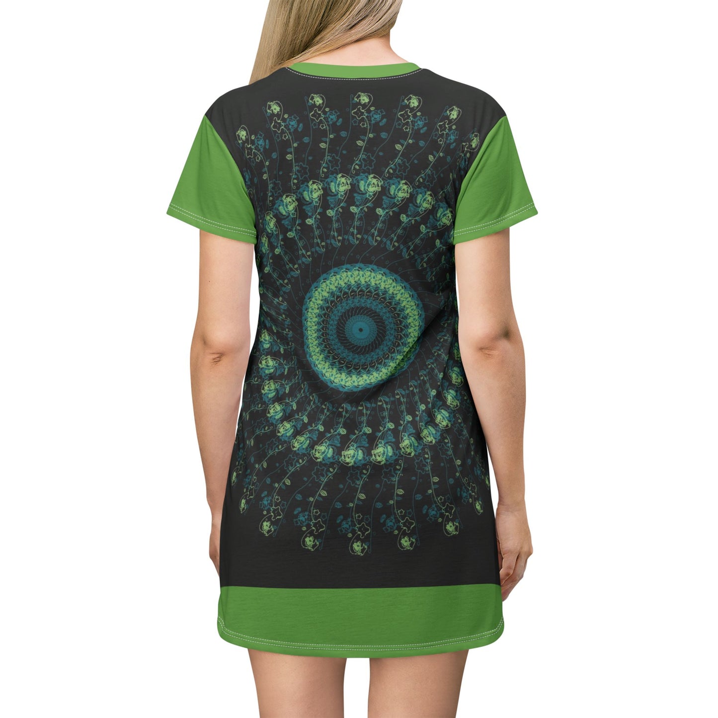 Spiral Mandala T-Shirt Dress | Boho Chic Casual Wear, Summer Dress, Festival Outfit, Eco-Friendly Fashion, Unique Gift Idea