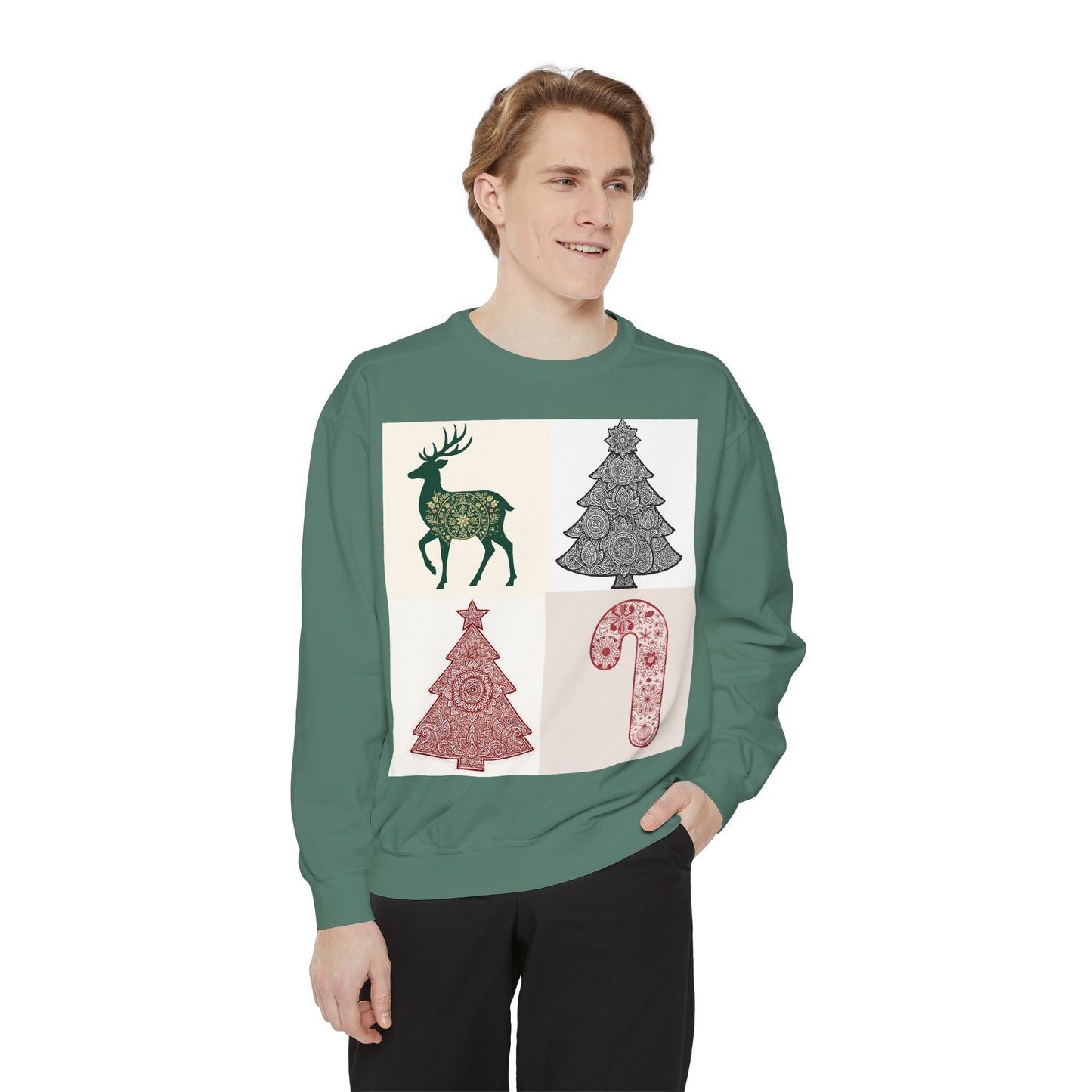 Christmas Patchwork Sweatshirt — Reindeer, Trees & Candy Cane Holiday Pullover