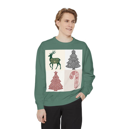 Christmas Patchwork Sweatshirt — Reindeer, Trees & Candy Cane Holiday Pullover
