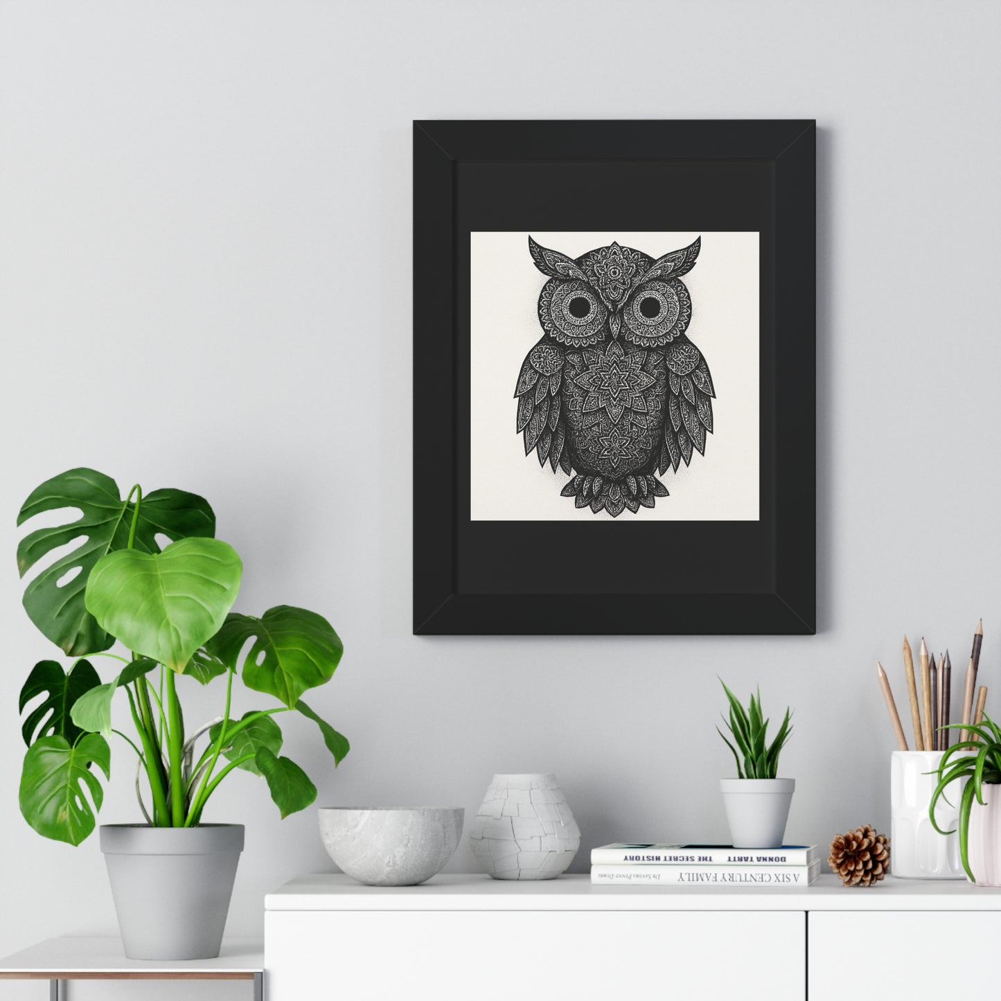 Framed Owl Art Print — Intricate Black & White Mandala Poster