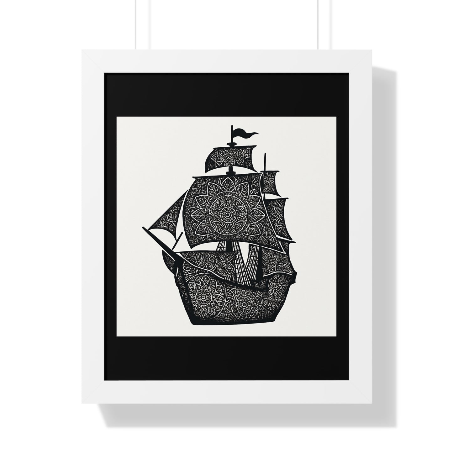 Black & White Mandala Ship Framed Vertical Poster — Nautical Zen Wall Art