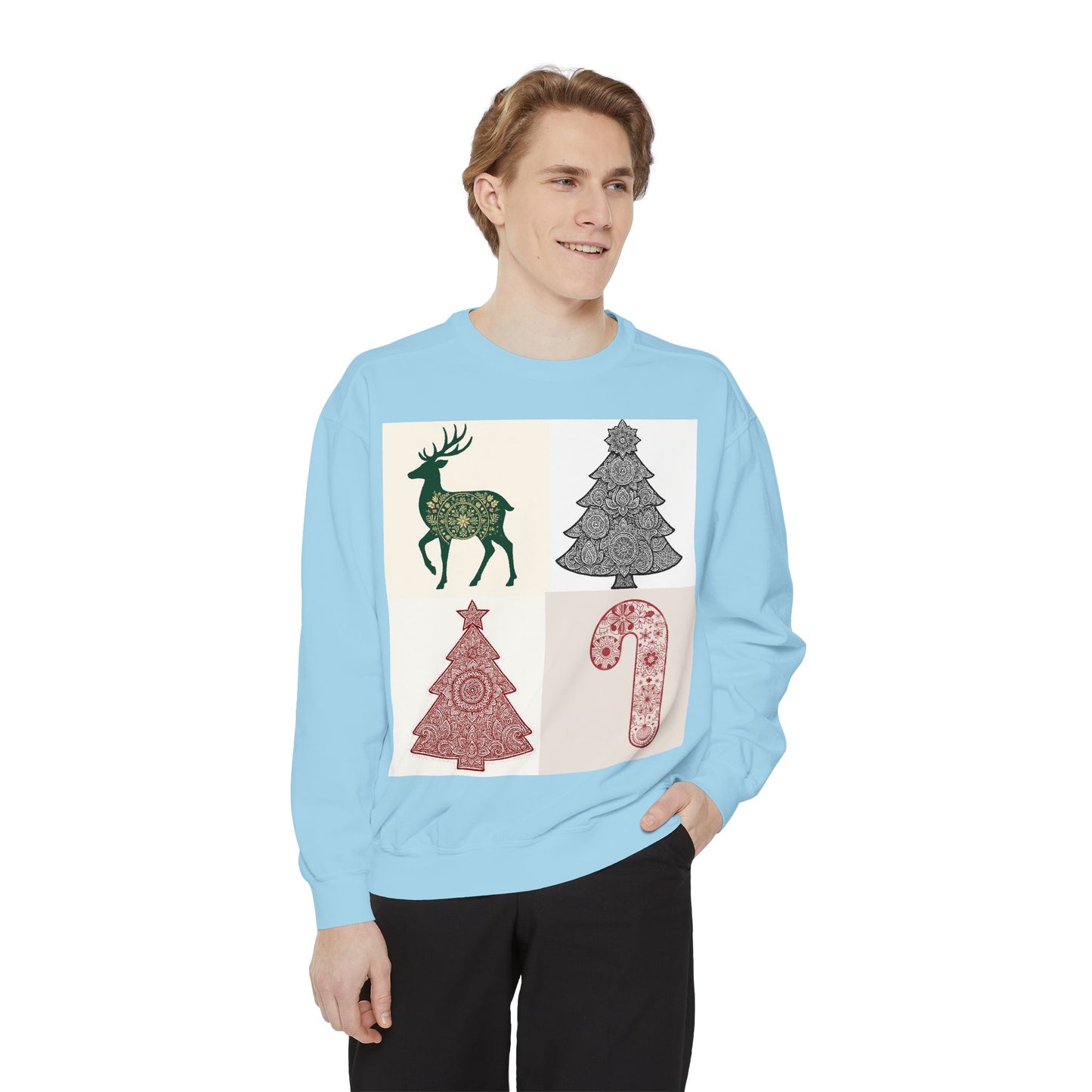 Christmas Patchwork Sweatshirt — Reindeer, Trees & Candy Cane Holiday Pullover