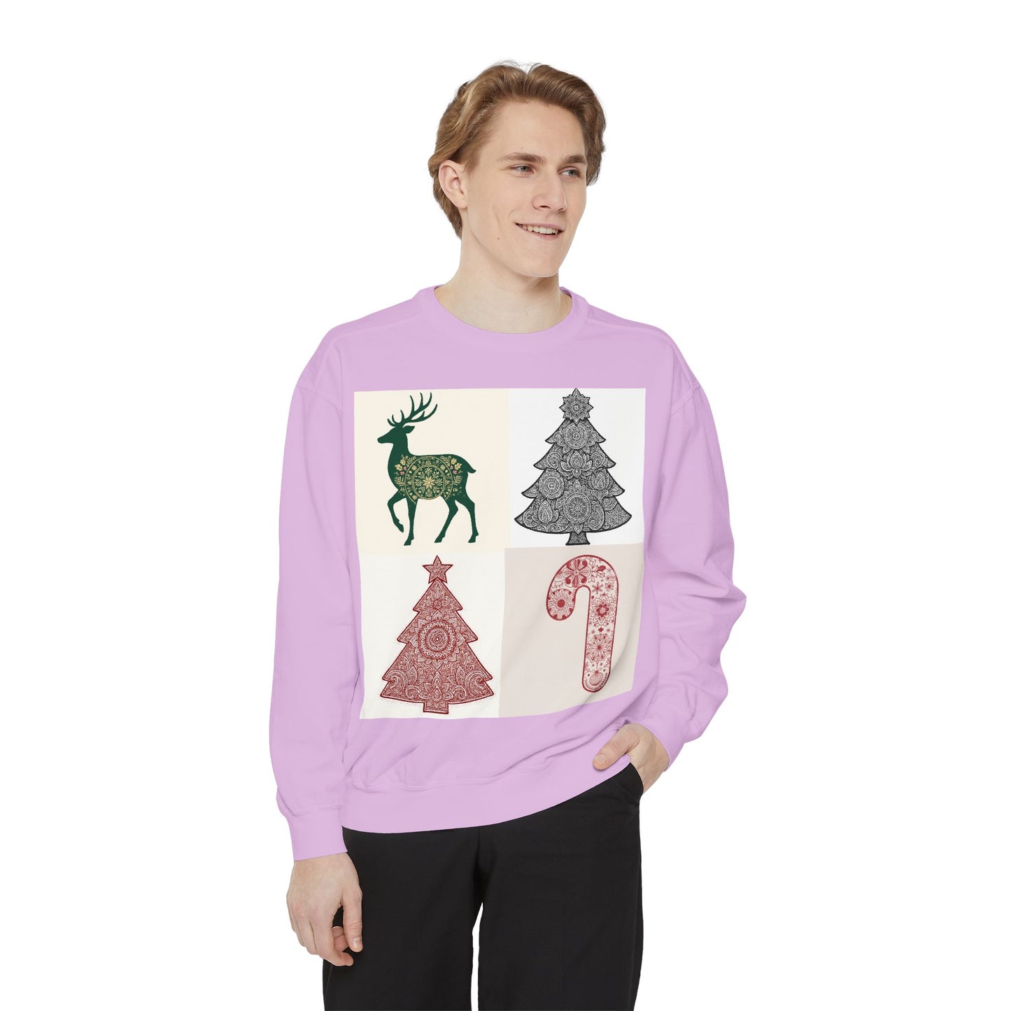 Christmas Patchwork Sweatshirt — Reindeer, Trees & Candy Cane Holiday Pullover