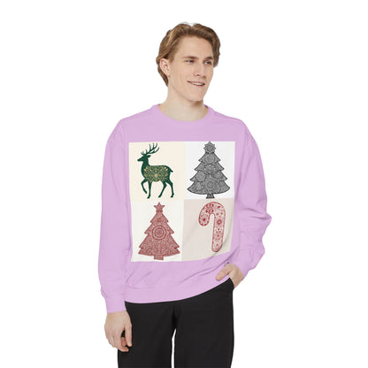 Christmas Patchwork Sweatshirt — Reindeer, Trees & Candy Cane Holiday Pullover