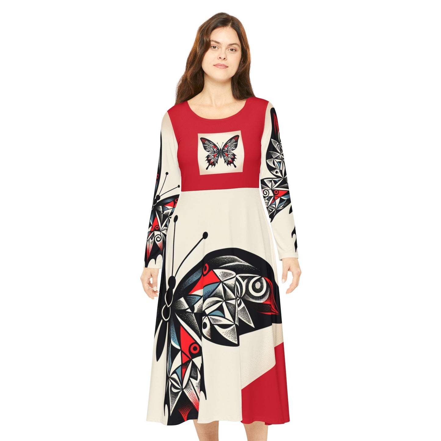 Butterfly Print Long Sleeve Dance Dress, Elegant Dancewear, Boho Style Dress, Perfect for Parties, Dance Events, and Celebrations