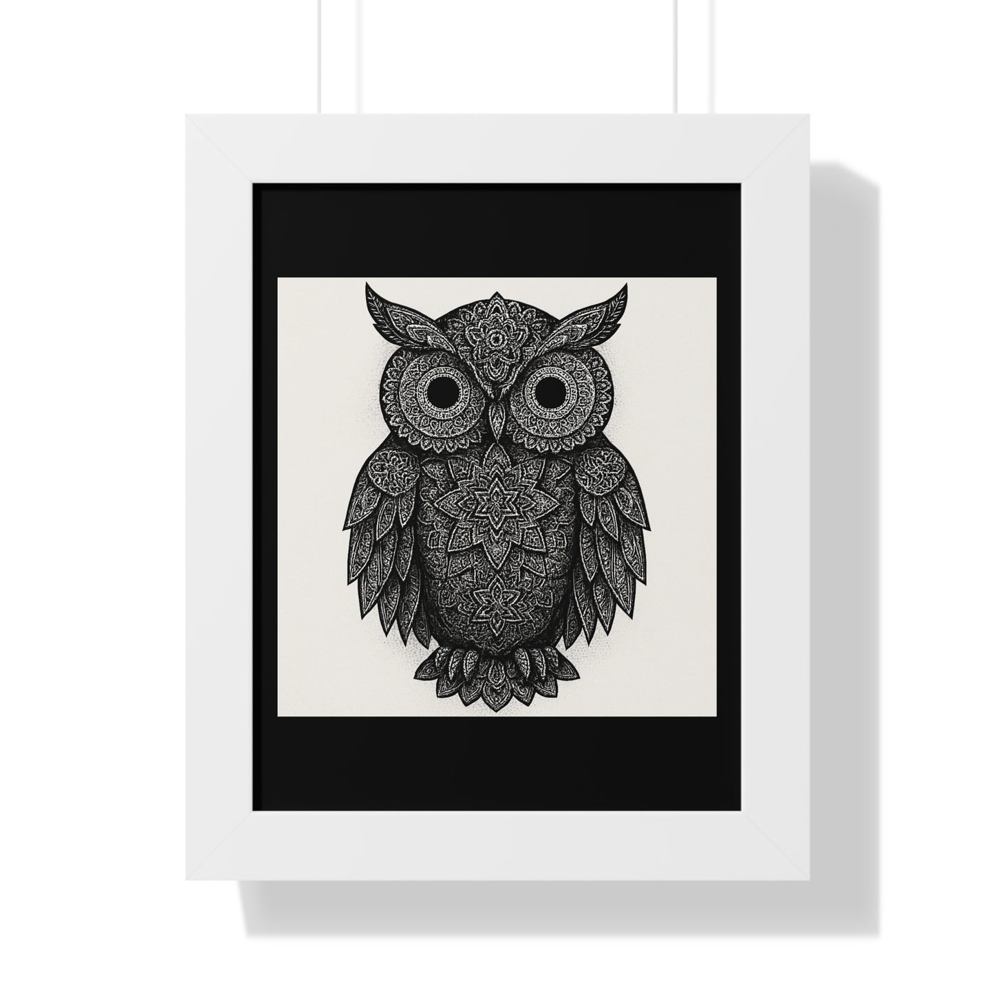 Framed Owl Art Print — Intricate Black & White Mandala Poster