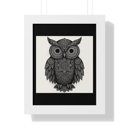 Framed Owl Art Print — Intricate Black & White Mandala Poster