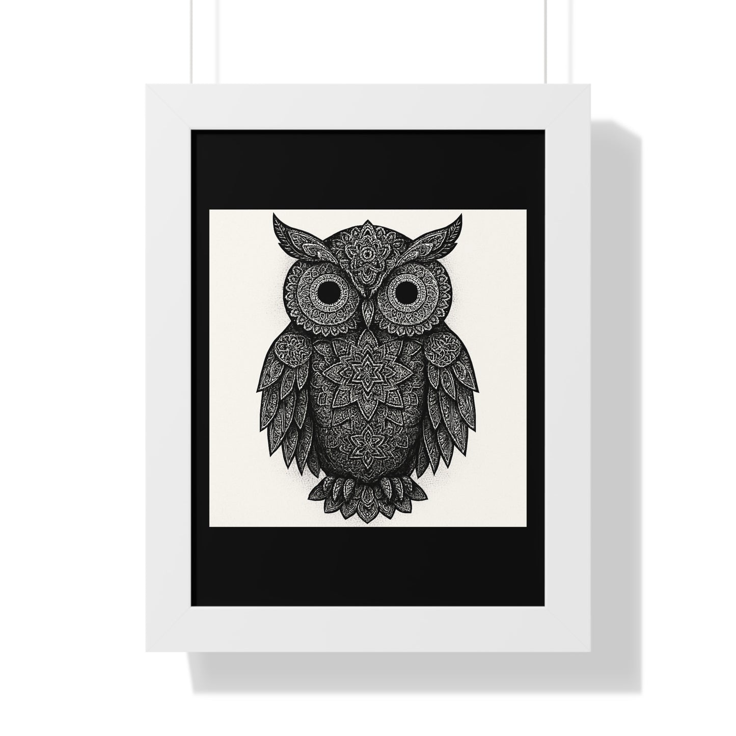Framed Owl Art Print — Intricate Black & White Mandala Poster