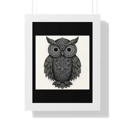 Framed Owl Art Print — Intricate Black & White Mandala Poster