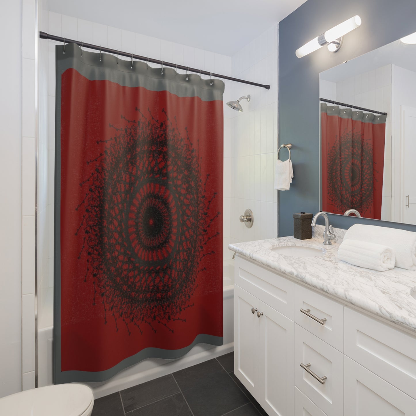Abstract Dark Red Shower Curtain | Modern Bathroom Decor | Unique Geometric Design