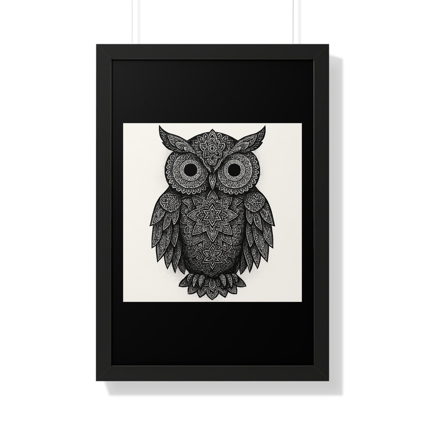Framed Owl Art Print — Intricate Black & White Mandala Poster
