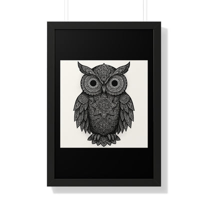 Framed Owl Art Print — Intricate Black & White Mandala Poster