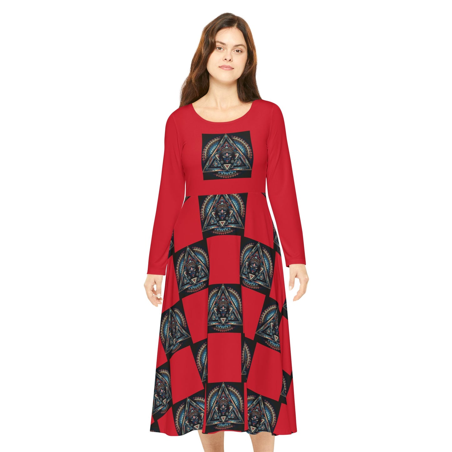Vibrant Women's Long Sleeve Dance Dress, Dancewear, Retro Style Dress, Unique Gift for Dancers, Red AOP Dress
