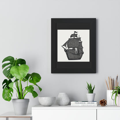 Black & White Mandala Ship Framed Vertical Poster — Nautical Zen Wall Art