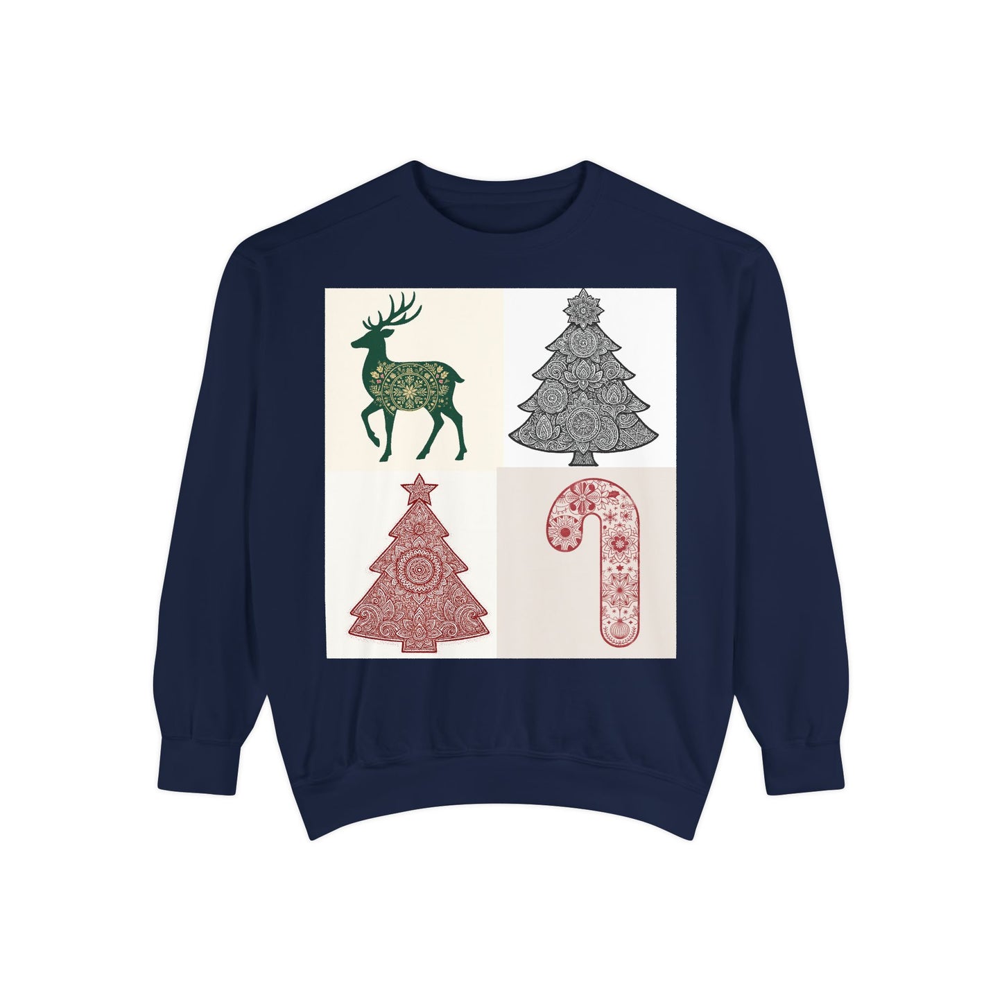 Christmas Patchwork Sweatshirt — Reindeer, Trees & Candy Cane Holiday Pullover