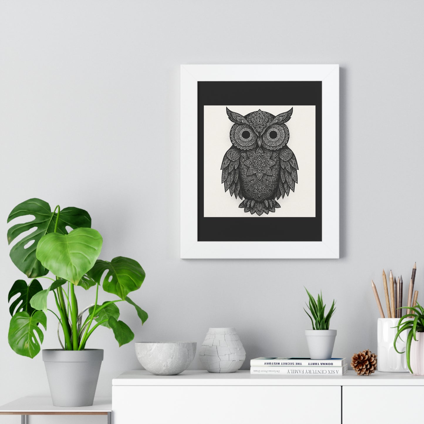 Framed Owl Art Print — Intricate Black & White Mandala Poster