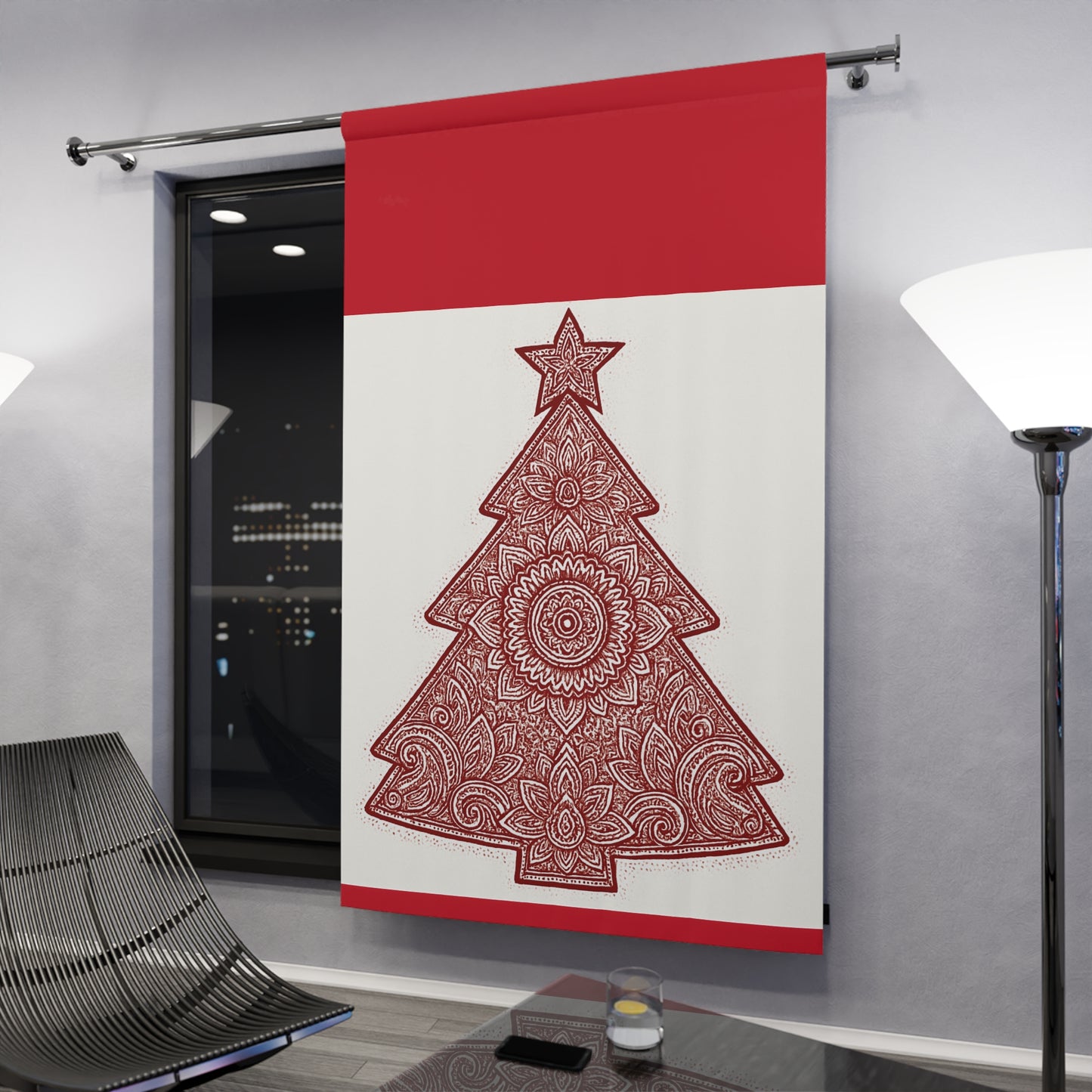 Holiday Curtain Panel — Red Mandala Christmas Tree Window Curtain