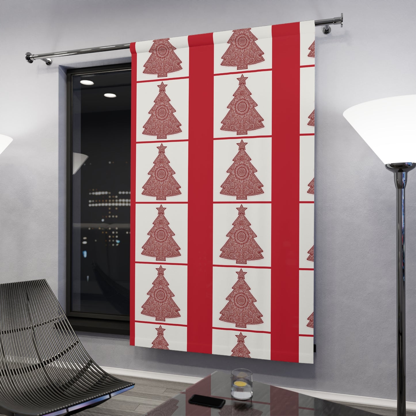 Holiday Curtain Panel — Red Mandala Christmas Tree Window Curtain