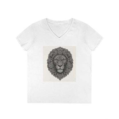 Majestic Lion Ladies' V-Neck T-Shirt, Animal Print Tee, Nature Lover Gift, Casual Wear, Birthday Present, Wildlife Enthusiast Shirt