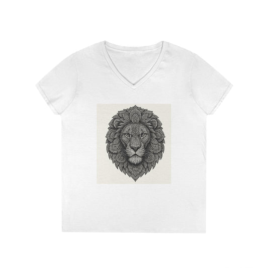 Majestic Lion Ladies' V-Neck T-Shirt, Animal Print Tee, Nature Lover Gift, Casual Wear, Birthday Present, Wildlife Enthusiast Shirt