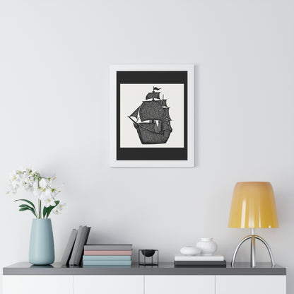 Black & White Mandala Ship Framed Vertical Poster — Nautical Zen Wall Art
