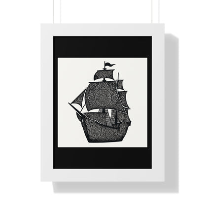 Black & White Mandala Ship Framed Vertical Poster — Nautical Zen Wall Art