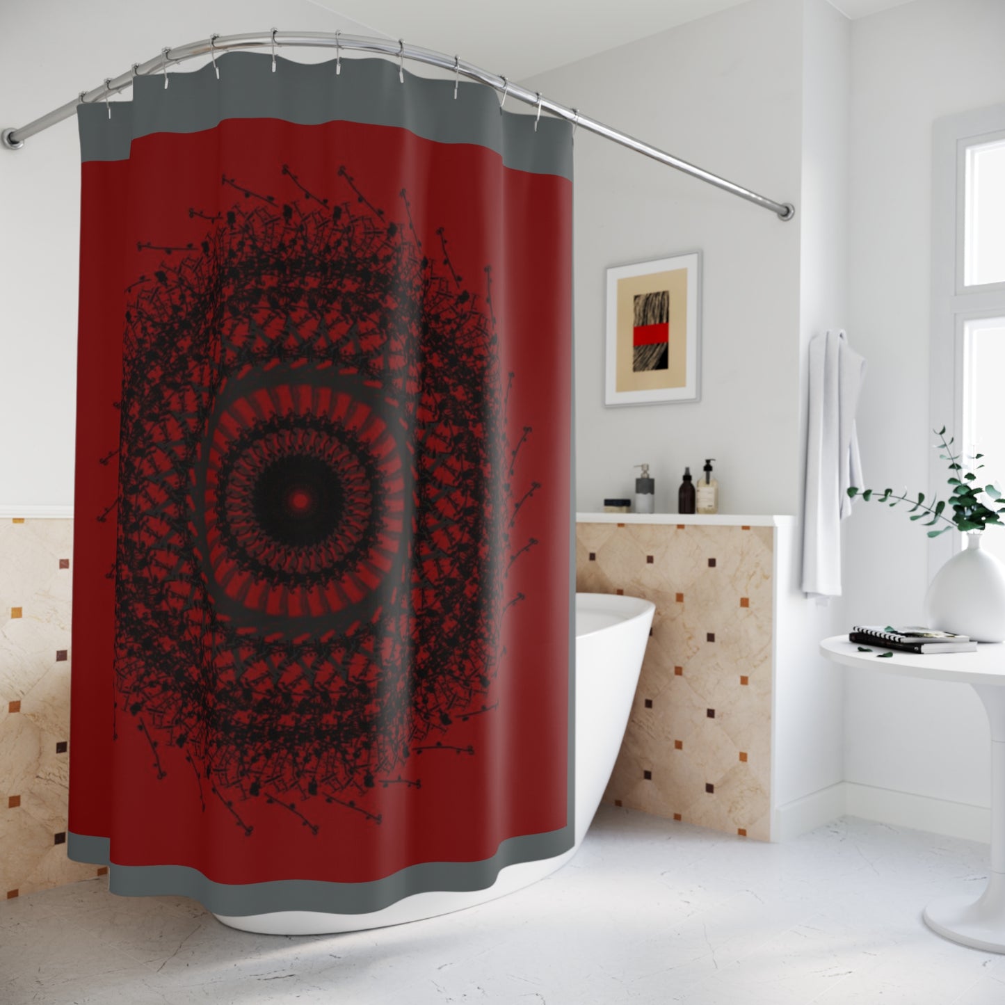 Abstract Dark Red Shower Curtain | Modern Bathroom Decor | Unique Geometric Design
