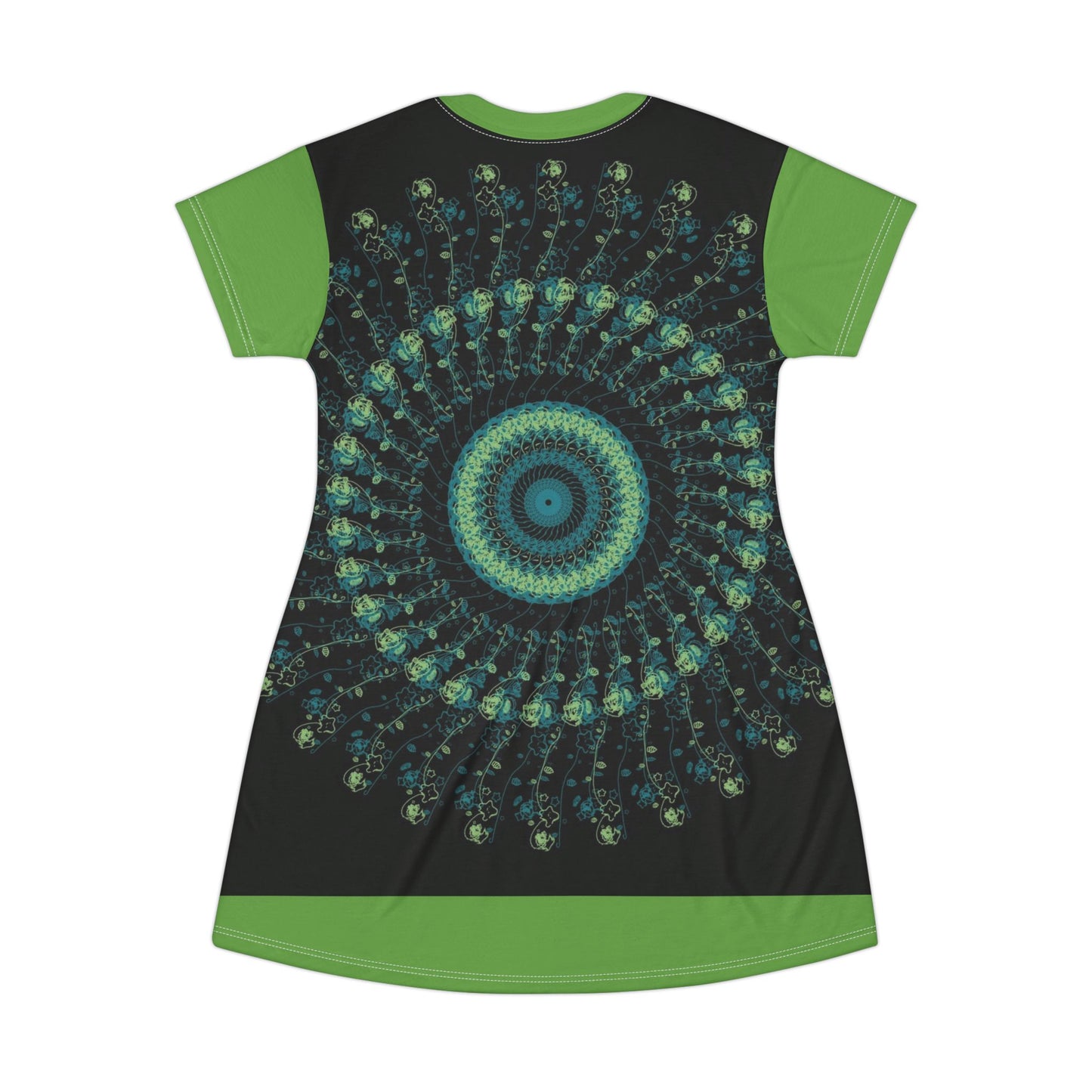 Spiral Mandala T-Shirt Dress | Boho Chic Casual Wear, Summer Dress, Festival Outfit, Eco-Friendly Fashion, Unique Gift Idea