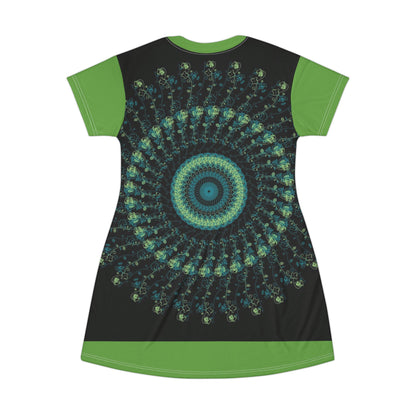 Spiral Mandala T-Shirt Dress | Boho Chic Casual Wear, Summer Dress, Festival Outfit, Eco-Friendly Fashion, Unique Gift Idea