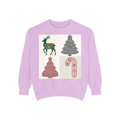 Christmas Patchwork Sweatshirt — Reindeer, Trees & Candy Cane Holiday Pullover