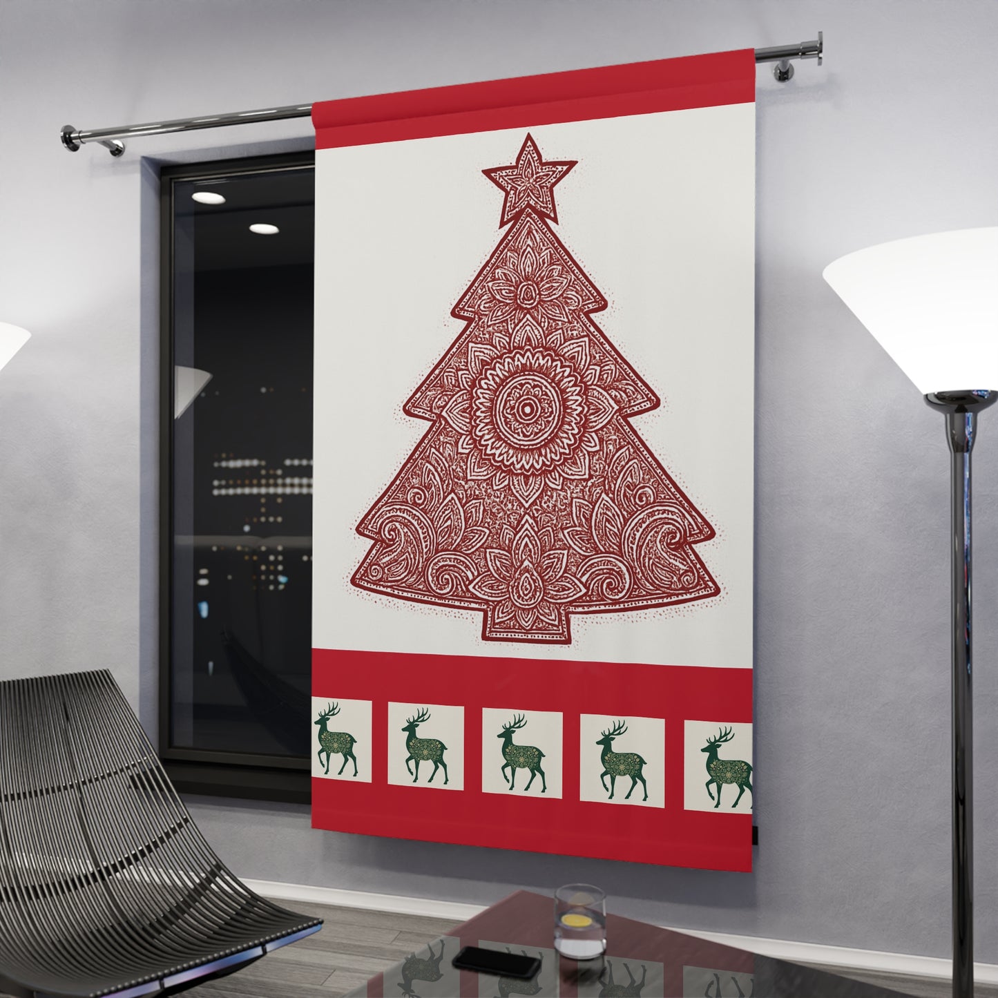 Holiday Curtain Panel — Red Mandala Christmas Tree Window Curtain