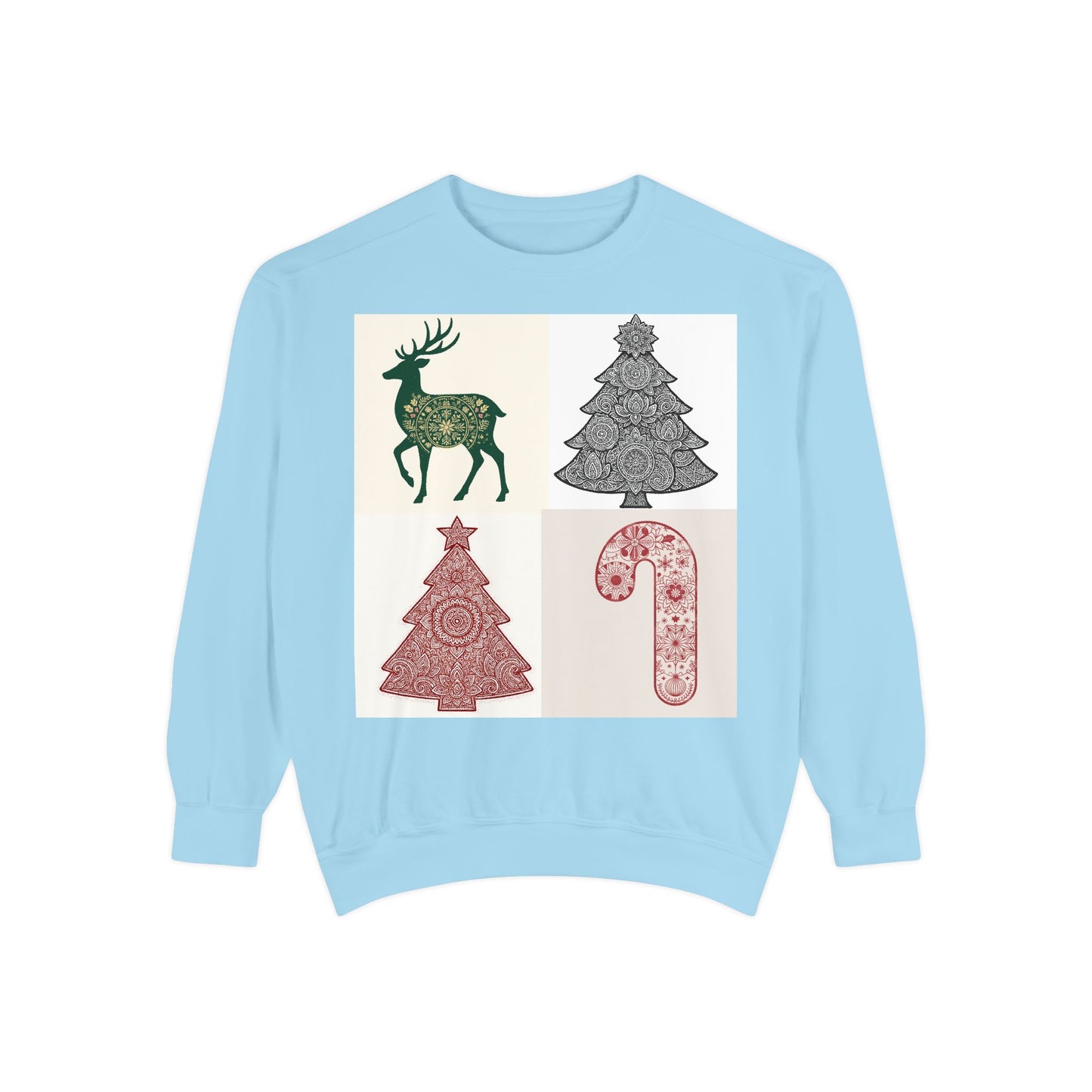 Christmas Patchwork Sweatshirt — Reindeer, Trees & Candy Cane Holiday Pullover