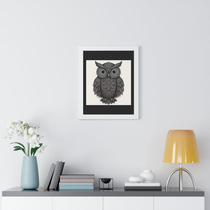 Framed Owl Art Print — Intricate Black & White Mandala Poster