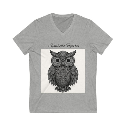 Owl Design V-Neck Tee, Lightweight Tee, Nature Lover Shirt, Symbolic Figures Top, Boho Style T-Shirt, Gift for Owl Enthusiasts