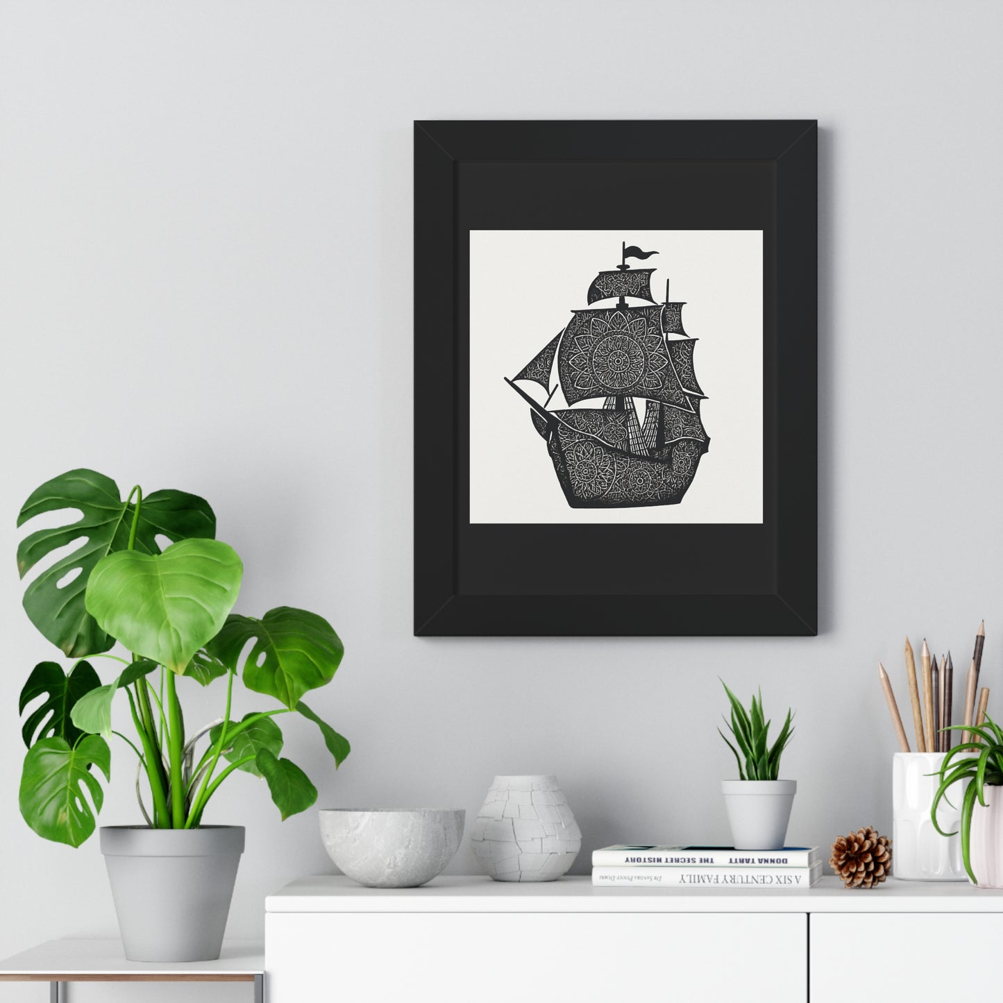 Black & White Mandala Ship Framed Vertical Poster — Nautical Zen Wall Art