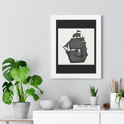 Black & White Mandala Ship Framed Vertical Poster — Nautical Zen Wall Art