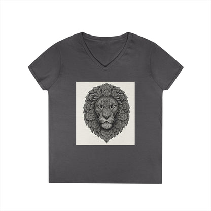 Majestic Lion Ladies' V-Neck T-Shirt, Animal Print Tee, Nature Lover Gift, Casual Wear, Birthday Present, Wildlife Enthusiast Shirt