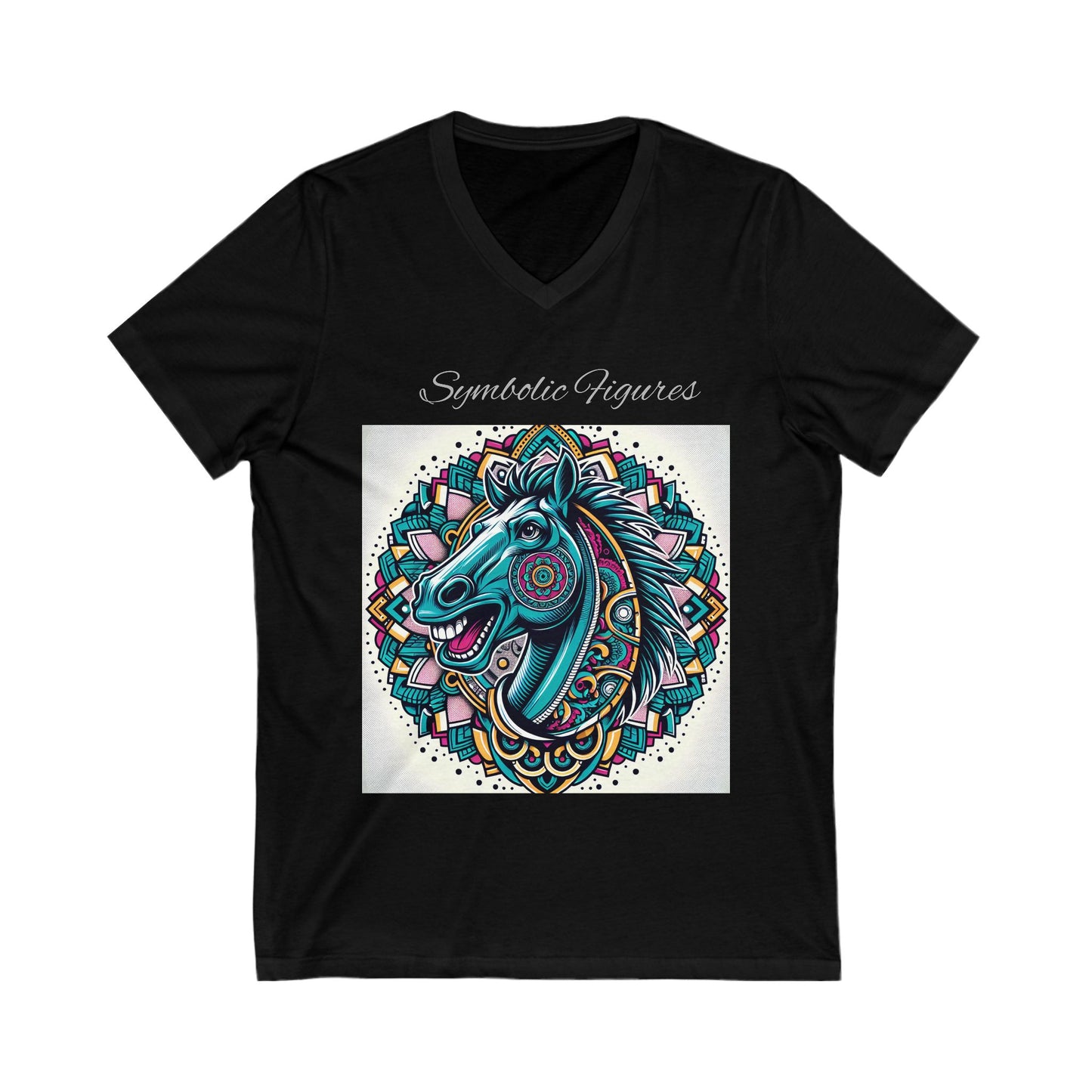 V-Neck Tee - Mustang Mascot Mandala Design in Green, Blue, and Burgundy