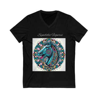 V-Neck Tee - Mustang Mascot Mandala Design in Green, Blue, and Burgundy