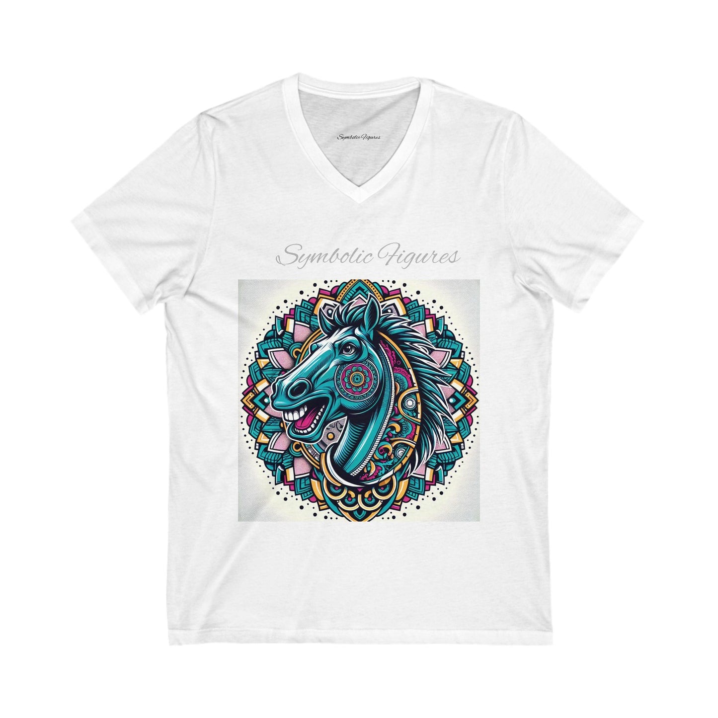 V-Neck Tee - Mustang Mascot Mandala Design in Green, Blue, and Burgundy