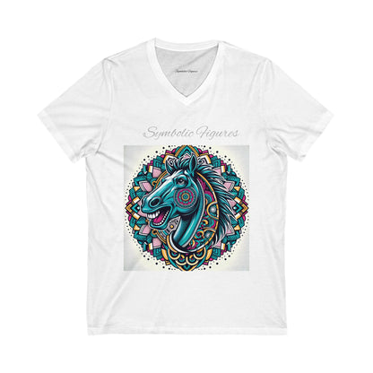 V-Neck Tee - Mustang Mascot Mandala Design in Green, Blue, and Burgundy