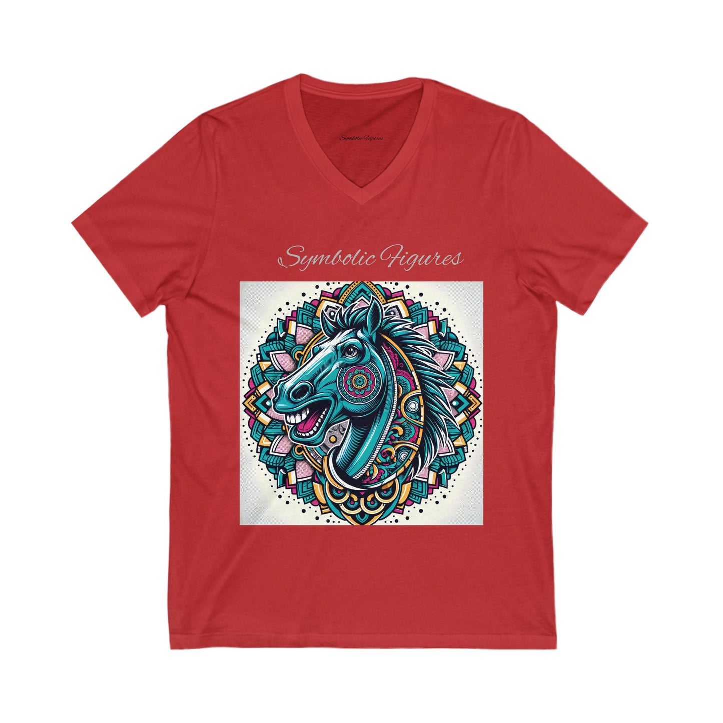 V-Neck Tee - Mustang Mascot Mandala Design in Green, Blue, and Burgundy