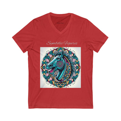 V-Neck Tee - Mustang Mascot Mandala Design in Green, Blue, and Burgundy