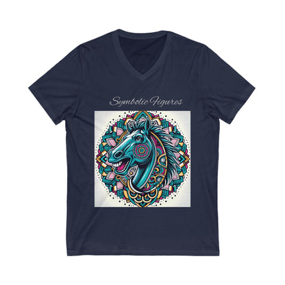V-Neck Tee - Mustang Mascot Mandala Design in Green, Blue, and Burgundy