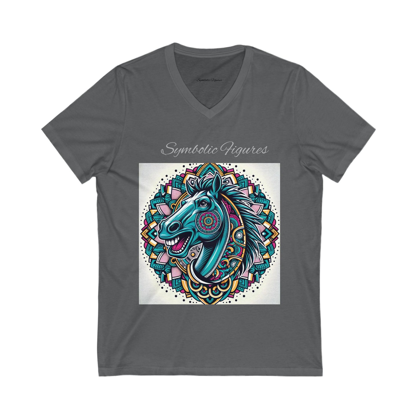 V-Neck Tee - Mustang Mascot Mandala Design in Green, Blue, and Burgundy