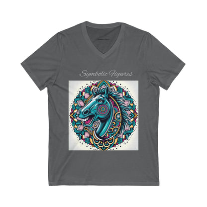 V-Neck Tee - Mustang Mascot Mandala Design in Green, Blue, and Burgundy