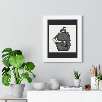 Black & White Mandala Ship Framed Vertical Poster — Nautical Zen Wall Art
